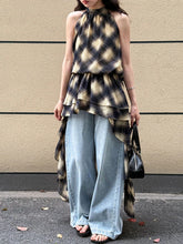 Plaid Asymmetric Halter High-Low Top